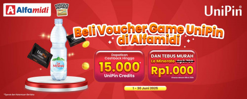 Beli Voucher UniPin Bisa Dapetin Cashback 15.000 dan Tebus Murah Le Minerale?!? Hanya di Alfamidi! Buruan!